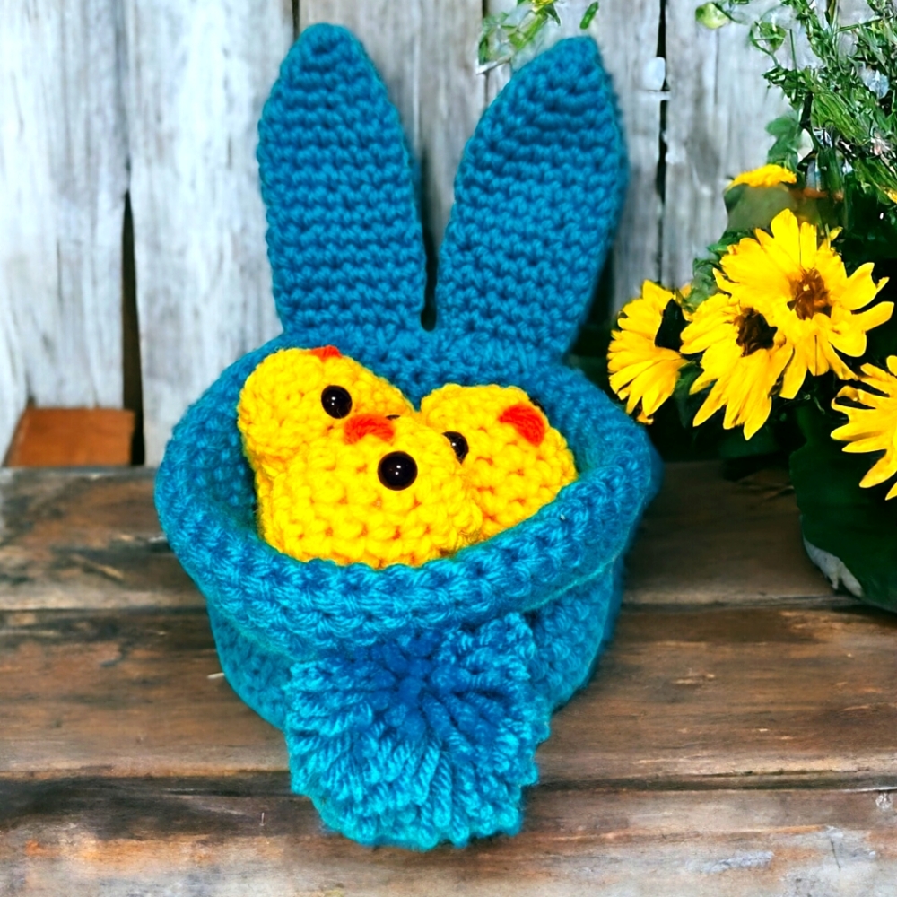 Handmade Crochet Easter Bunny Basket with Chickadees Set